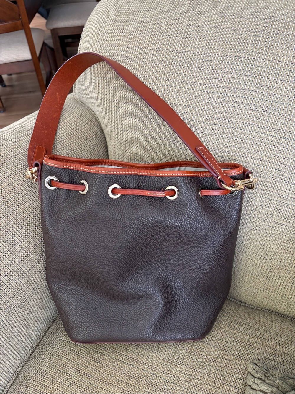 Dooney & Bourke Brown Leather Drawstring Bucket Bag - Picture 3 of 7